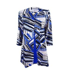 Kasper Blue & White Abstract 3/4 Length Sleeve One Button Flyaway Topper Blazer